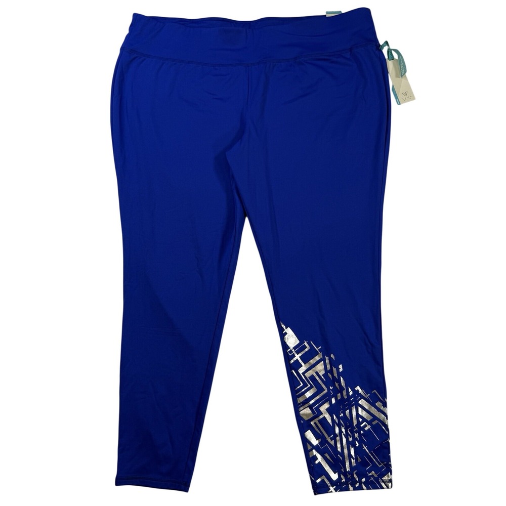 Livi Active Royal Blue Silver Geometric Graphic Wicking Leggings Womens 26/28